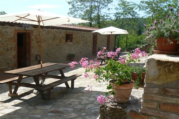 Relax in a serene outdoor space surrounded by lush greenery and potted plants, with a wooden picnic table and two umbrellas providing shade.