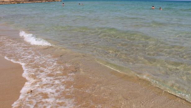 Una spiaggia con acque limpide, onde calme e una battigia sabbiosa.