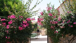 Un'area patio con un muro in pietra, un tavolo con tovaglia verde e piante fiorite rosa.