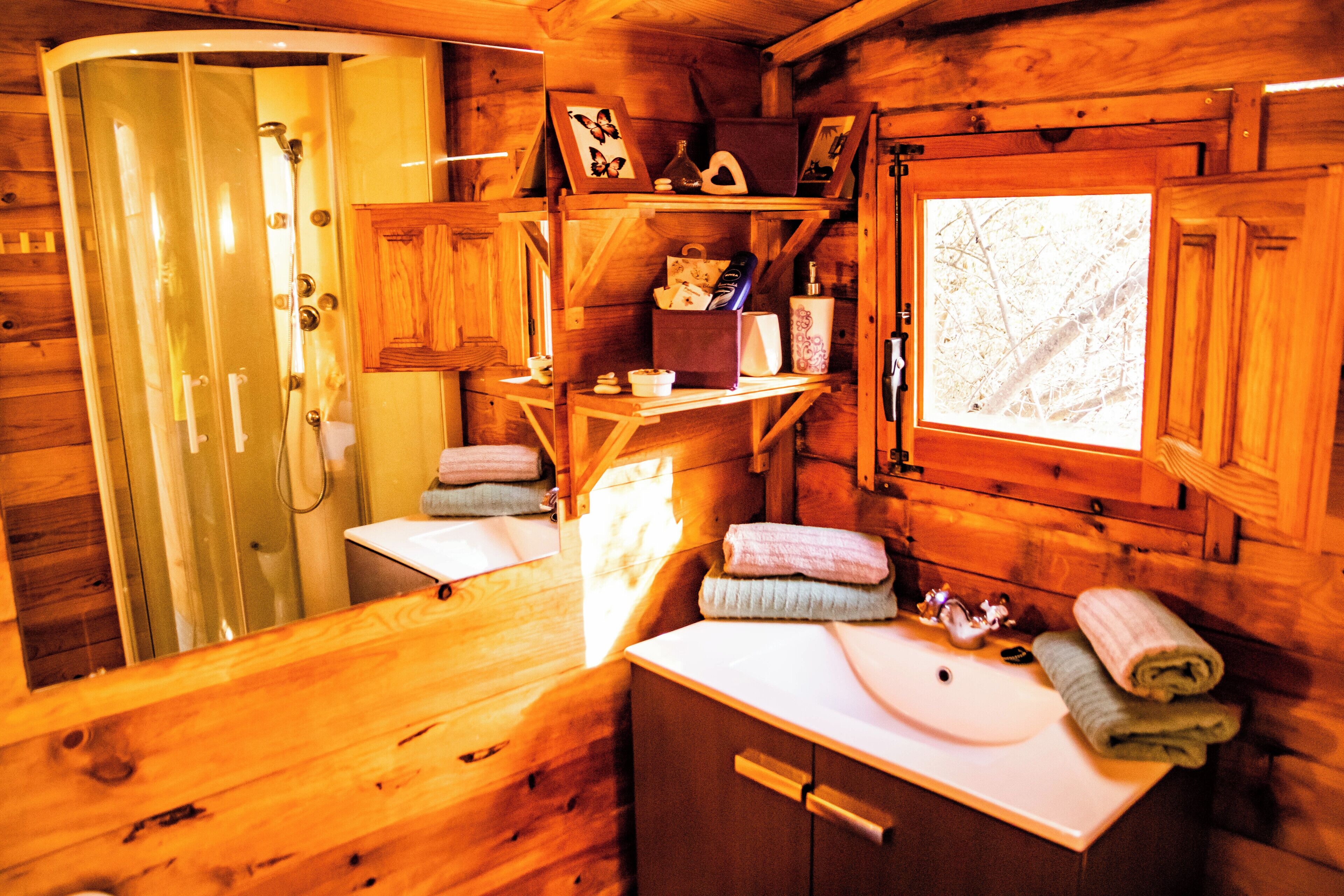 Chuveiro, secador de cabelo, toalhas de banho, sabonete