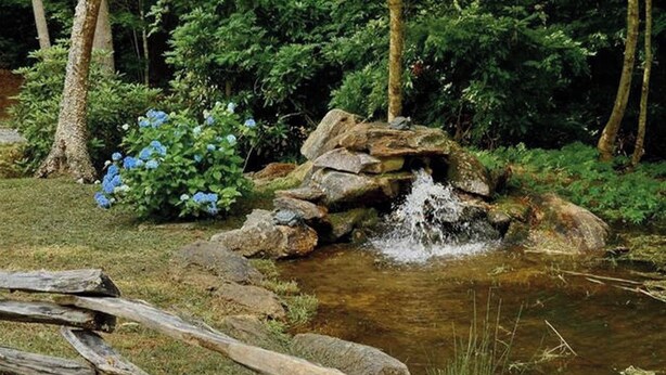 A natural landscape with a small waterfall, surrounded by rocks and greenery. - Private apartment in the mountains (Cullowhee)