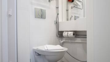 A modern bathroom with a toilet, a sink, and a shower.