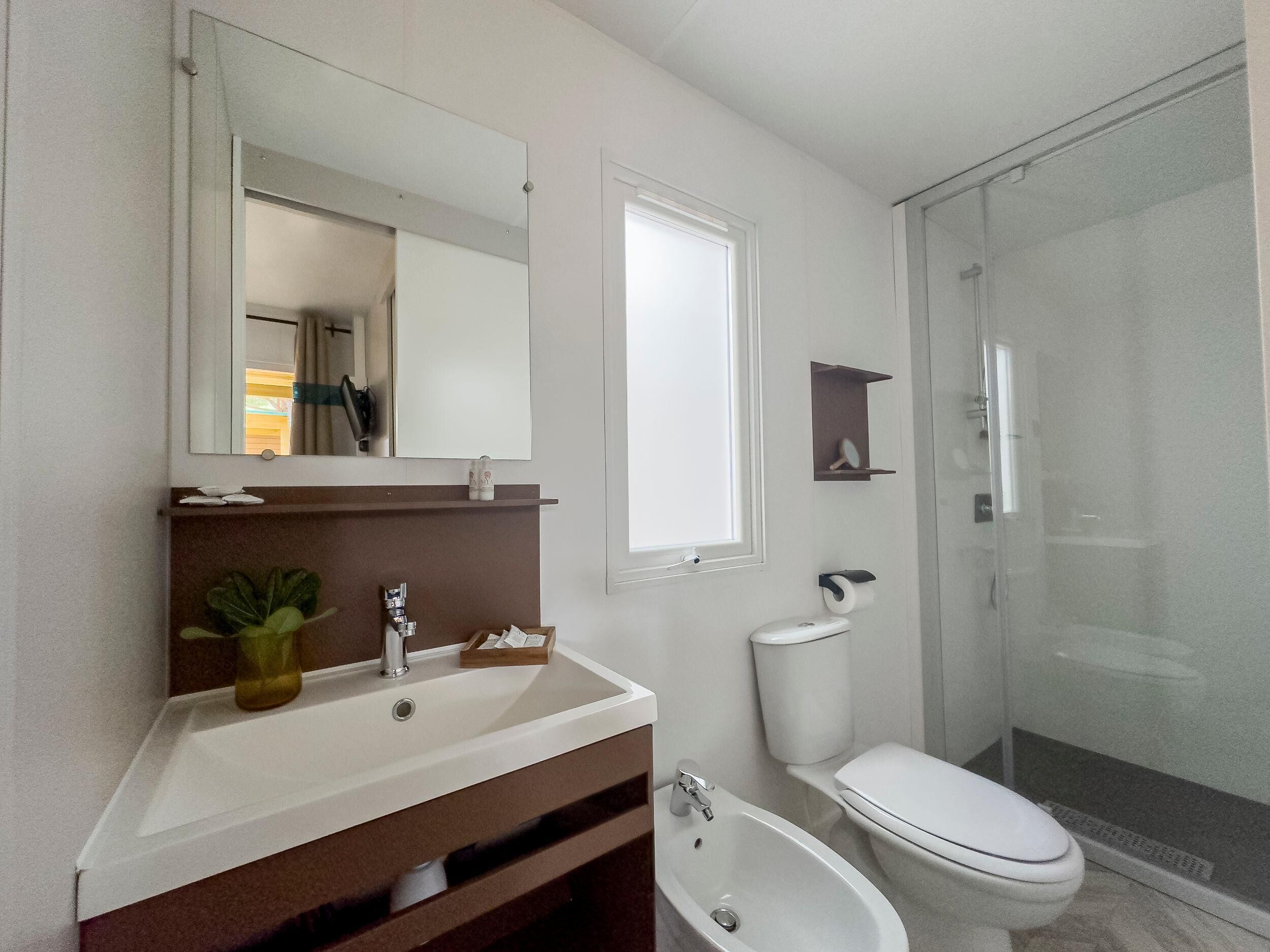 Une salle de bain équipée d’un lavabo, d’un miroir, de toilettes et d’une douche.