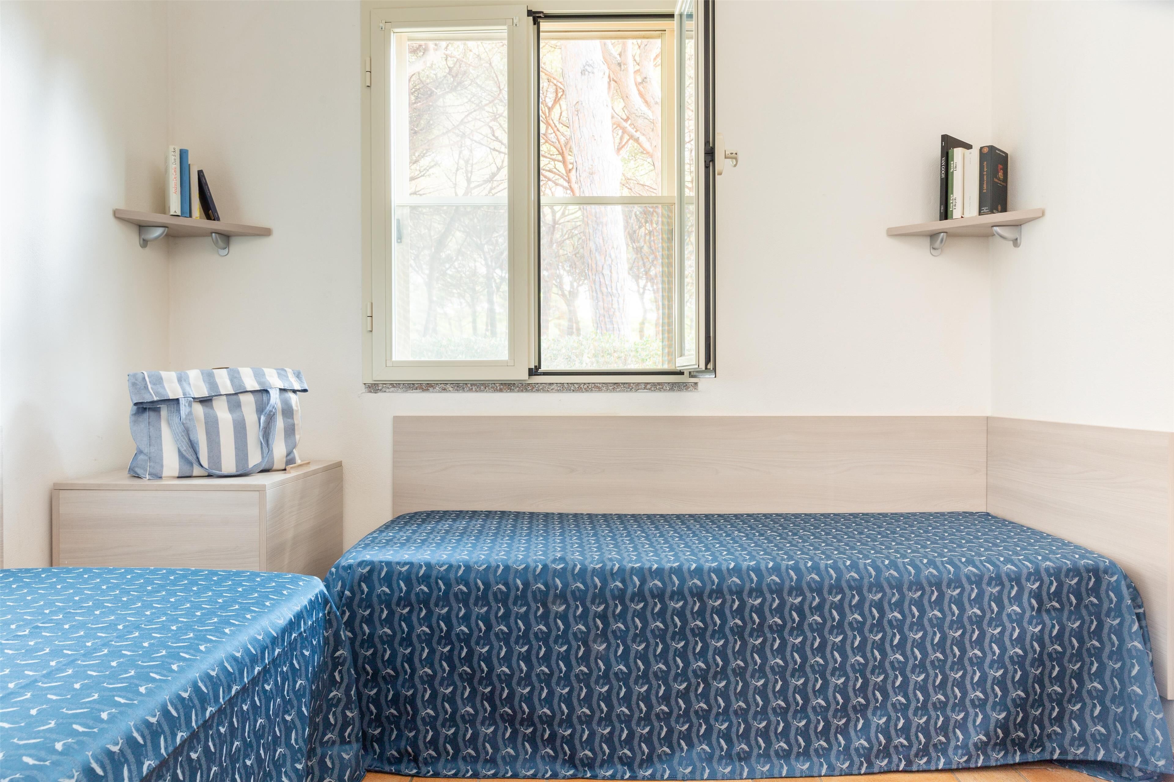 A room with two beds, a window, and two shelves with books.