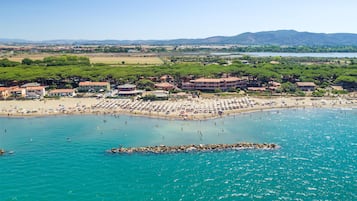 On the beach, sun-loungers, beach umbrellas, beach bar