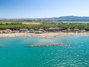 On the beach, sun-loungers, beach umbrellas, beach bar