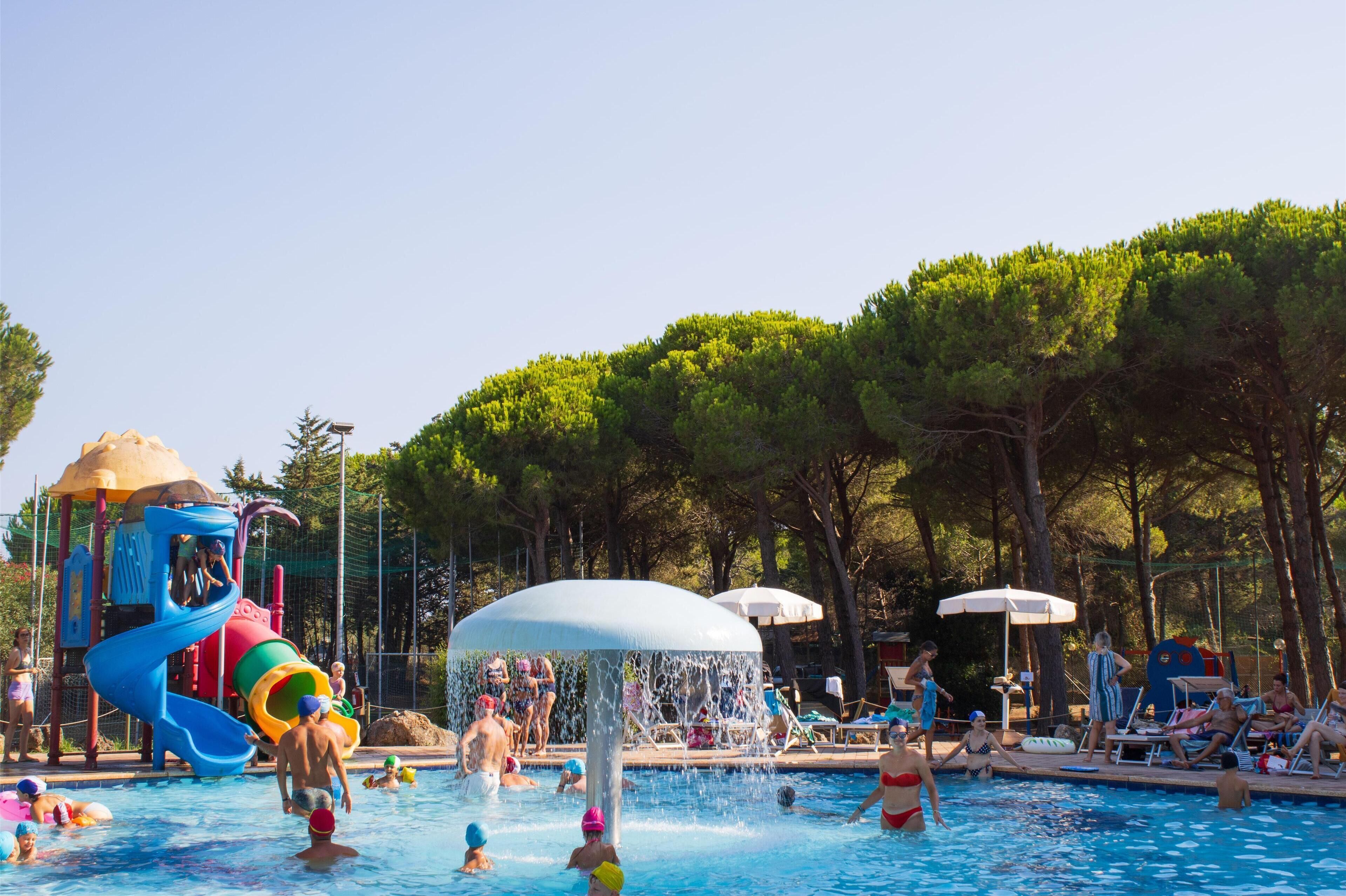 Seasonal outdoor pool, pool umbrellas, pool loungers