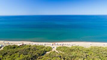 Private beach, black sand, sun loungers, beach umbrellas