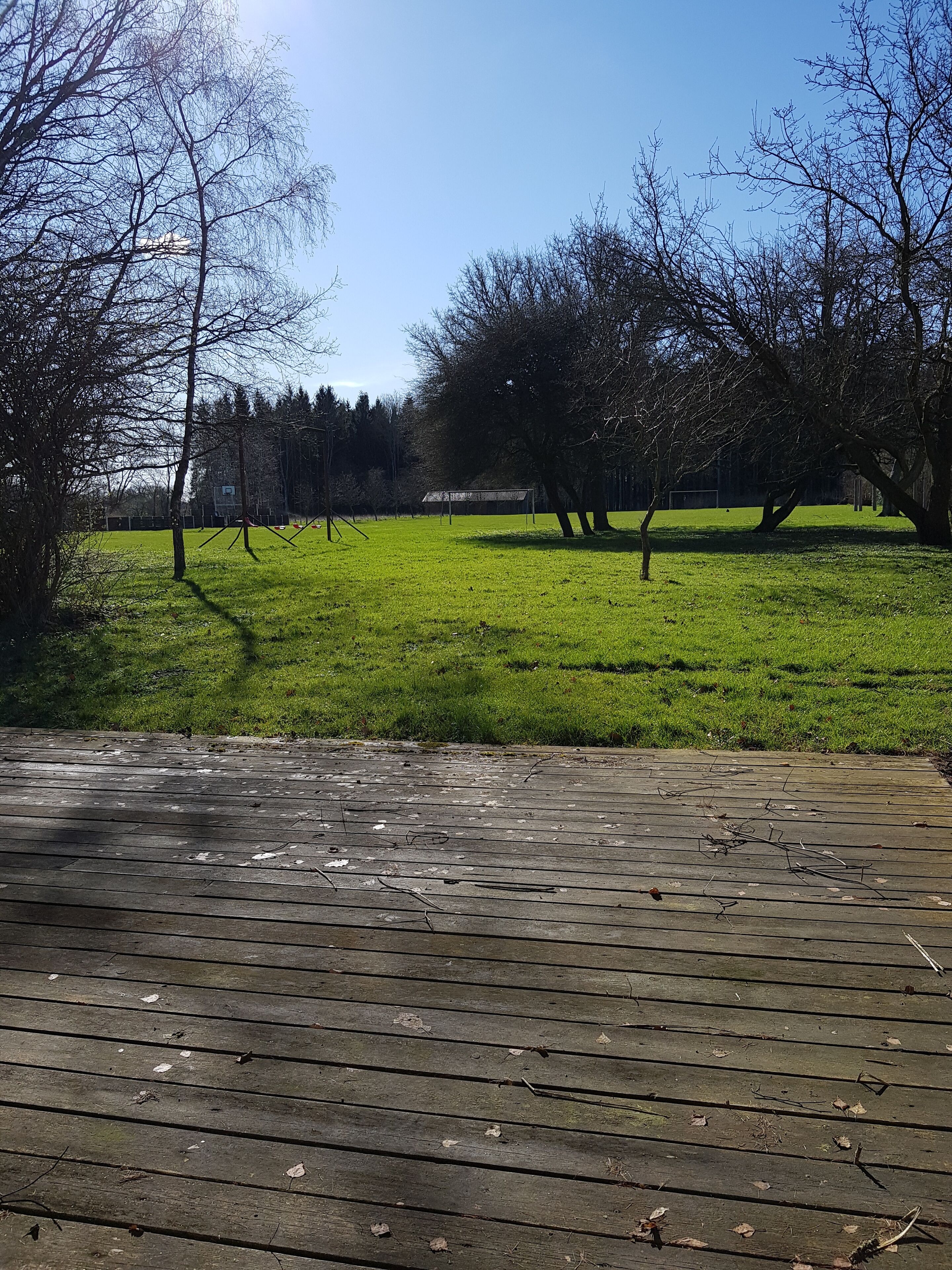 A wooden deck with a grassy field and trees in the background.