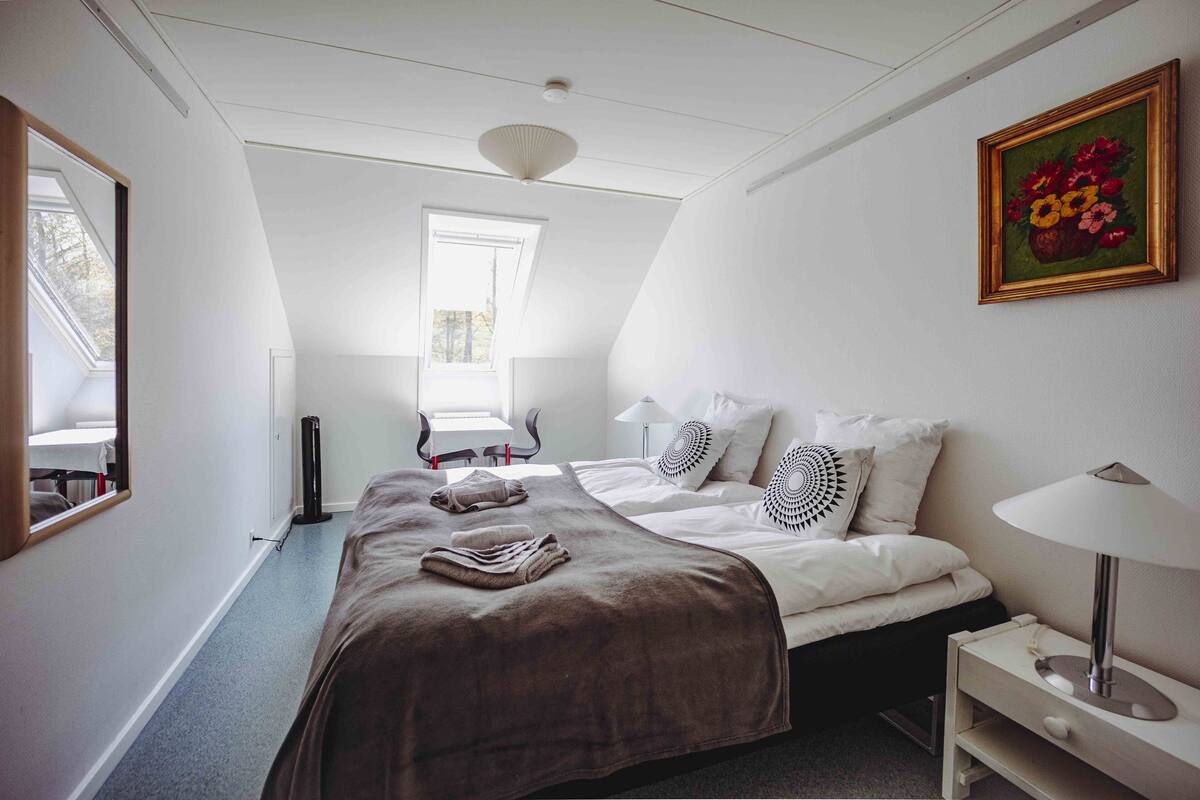 A bedroom with a large bed, a bedside table, a lamp, and a window.