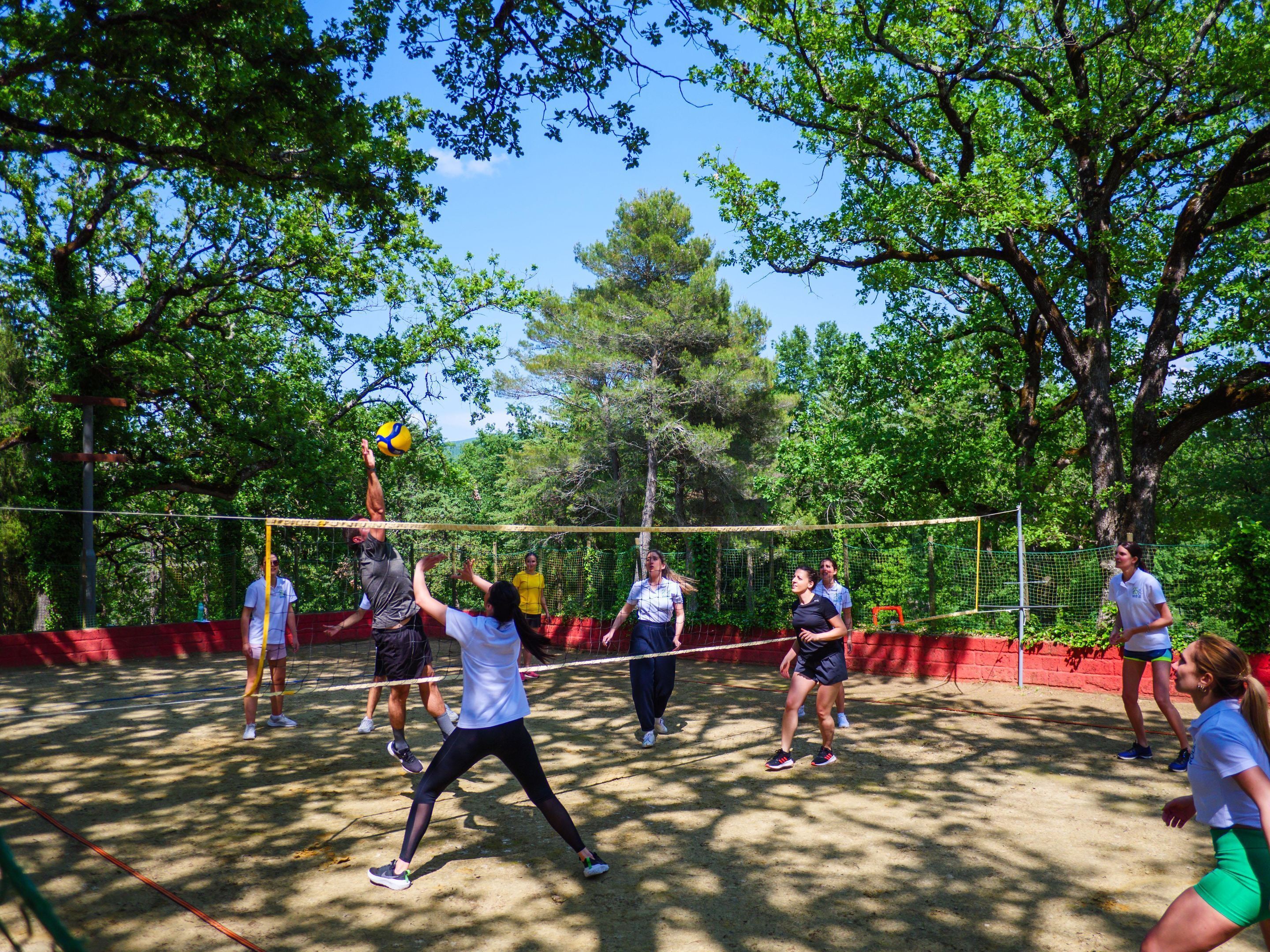 A group of people playing volleyball on an outdoor court surrounded by trees.