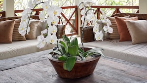 A wooden table with a potted orchid plant in the center, surrounded by wicker furniture and cushions. - Villa Rubina (Seminyak)