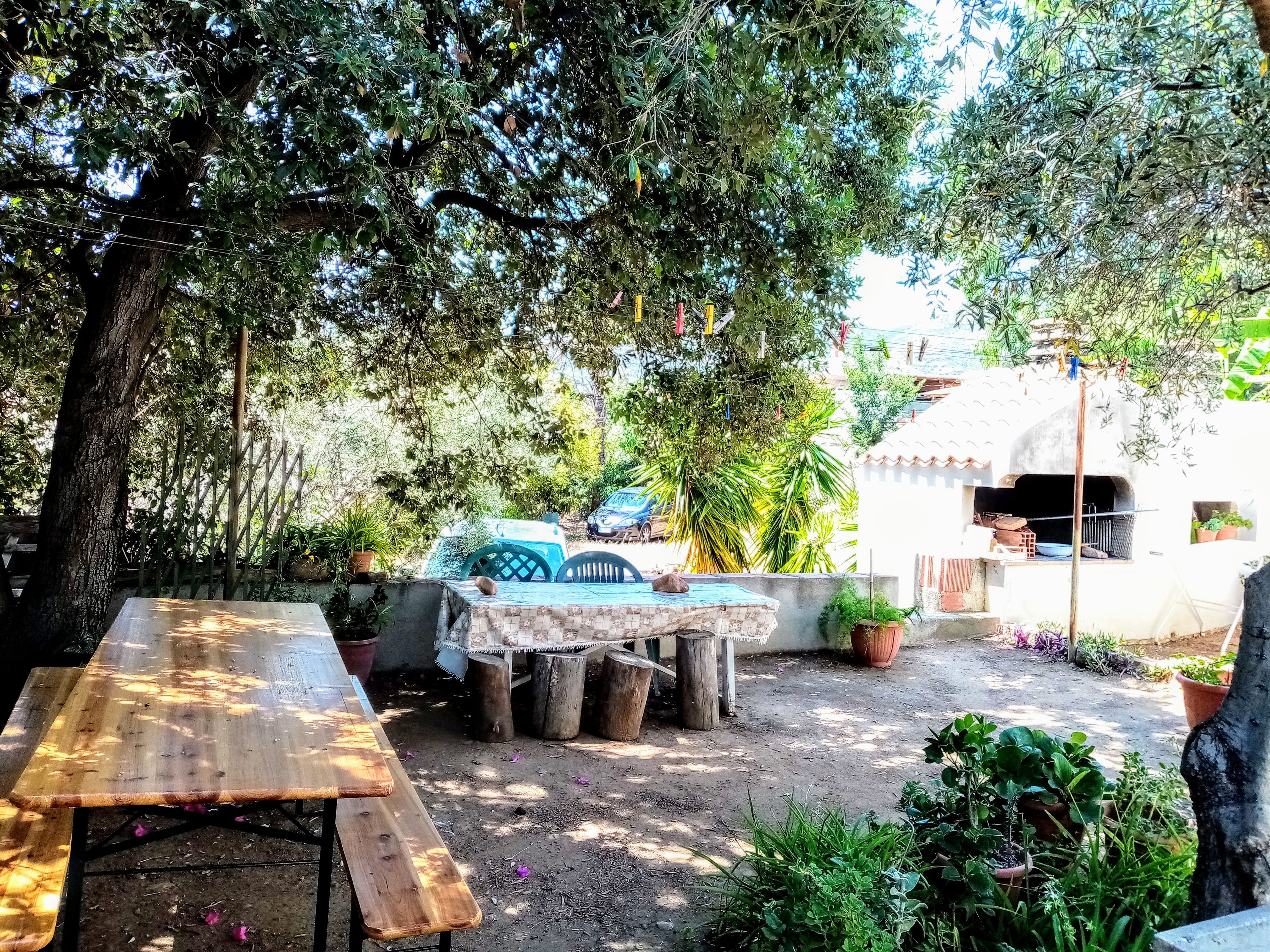 An outdoor patio with a wooden table and benches, surrounded by trees and potted plants.