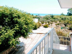A balcony with a view of a vineyard and the sea.