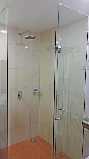 Une cabine de douche fermée par des parois en verre, dotée d’un pommeau de douche à main, d’une barre d’appui et d’une petite étagère pour les articles de toilette.