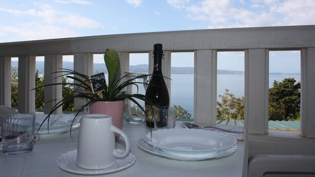 A table set for dining with a view of the sea, a bottle of wine, and a potted plant. - Apartments Ivan (Omis)