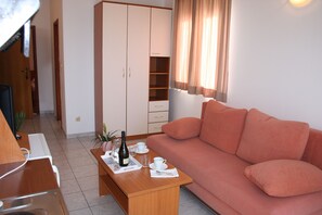 A living room with a sofa, a wooden coffee table with a bottle and glasses, a TV, and a wardrobe.