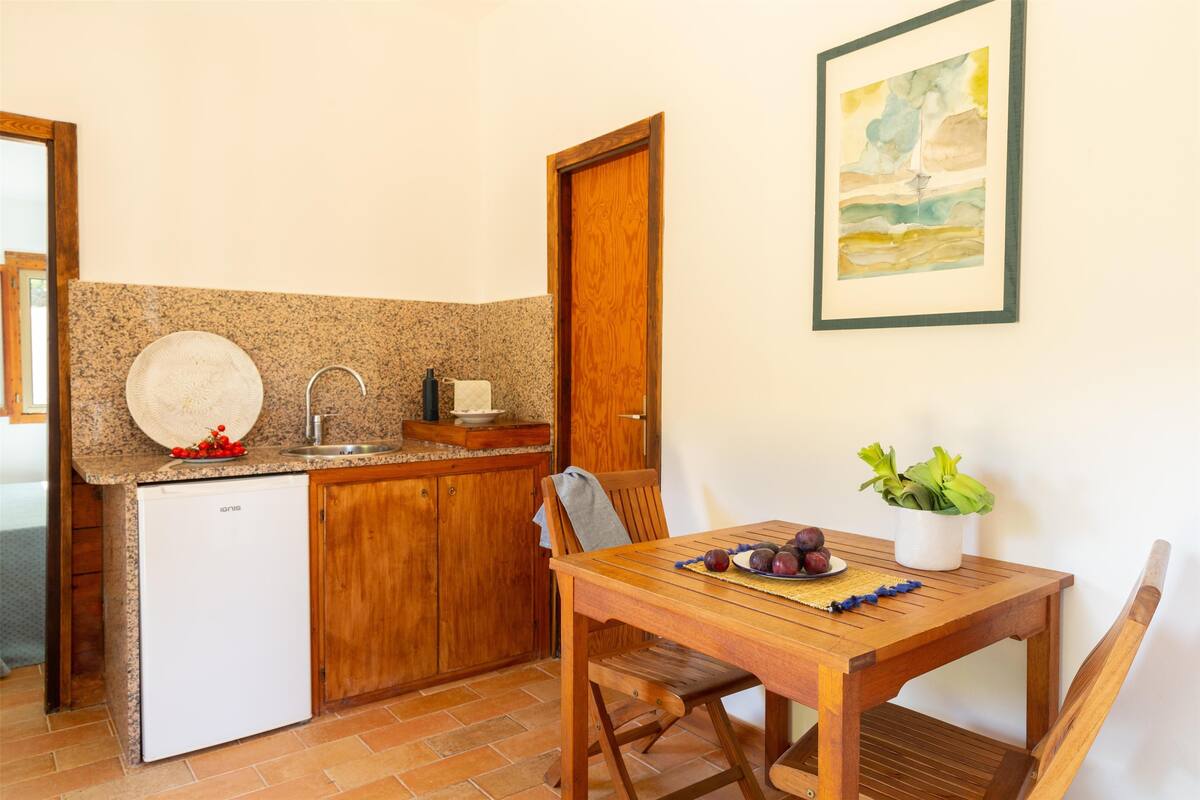 Una cocina compacta con encimeras de granito, un refrigerador blanco, armarios de madera y una mesa de comedor con una planta en maceta y fruta fresca.