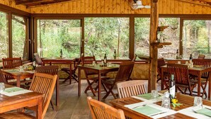 Een houten interieur met tafels en stoelen, grote ramen en uitzicht op groen.
