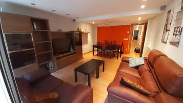 Una televisión, un reproductor de DVD, libros, un reproductor estéreo