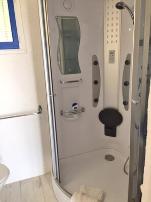 Dusche, Haartrockner, Seife, Toilettenpapier