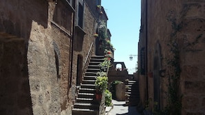 Una calle estrecha con edificios de piedra, una escalera y plantas en macetas.