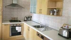 Una cocina compacta con estufa a gas, horno, pileta de acero inoxidable y alacenas de madera.