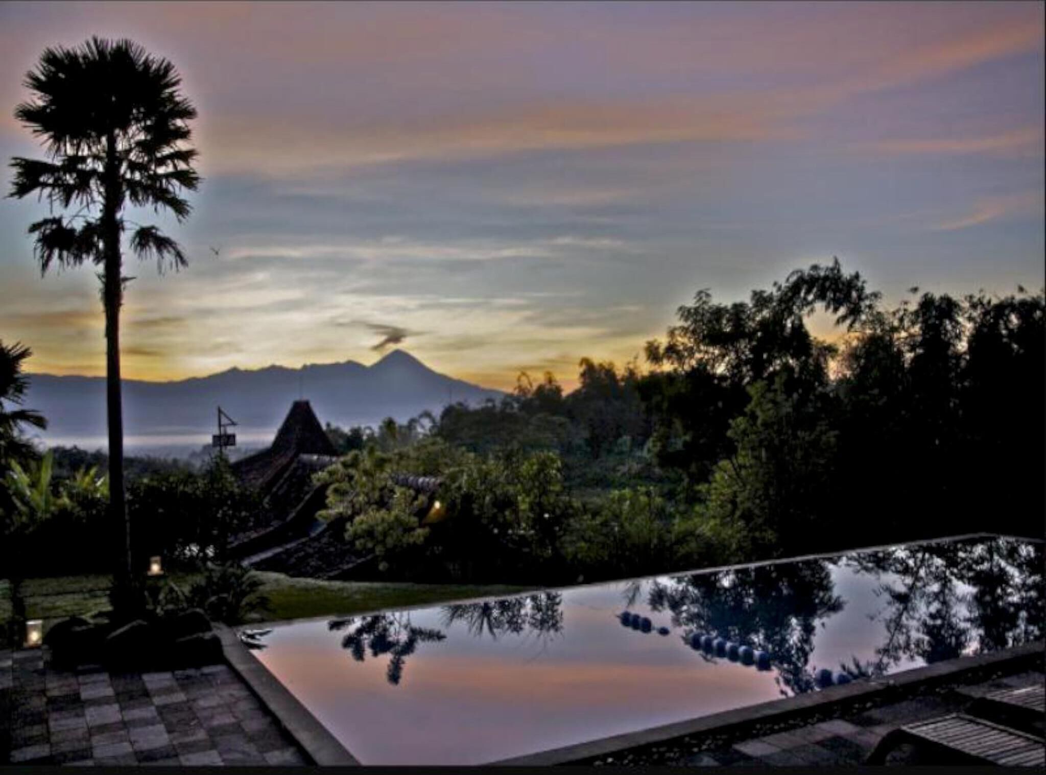 A serene outdoor pool area with a mountain backdrop, surrounded by lush greenery and a palm tree.
