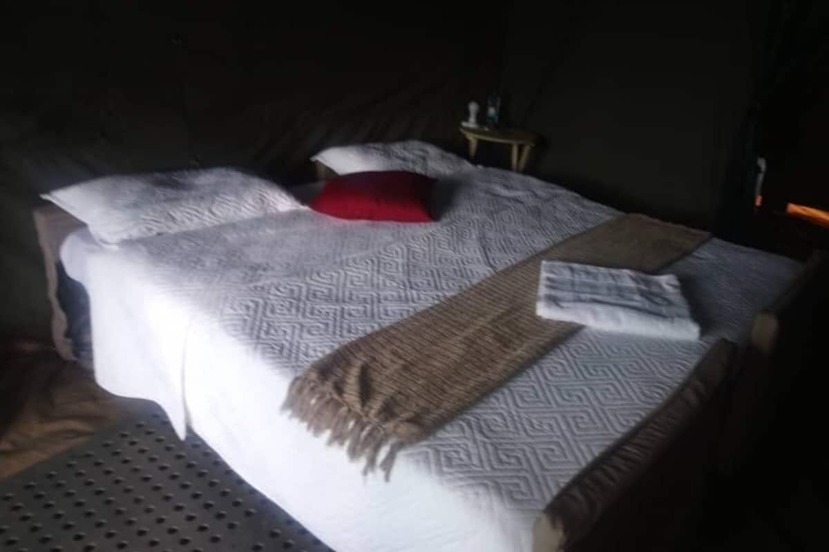 A bed with a patterned bedspread, a red pillow, and a brown throw blanket.
