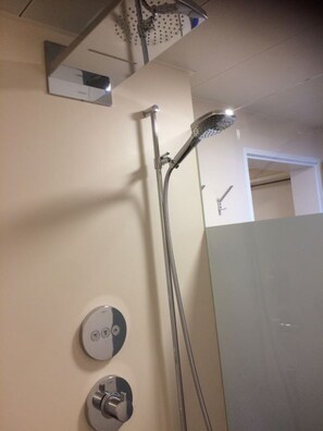 Bathtub, hair dryer, towels, soap