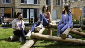 A courtyard with a wooden log structure, a brick building with large windows, and a grassy area. - The Westwood Apartments (Galway)