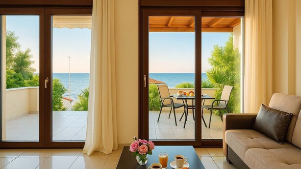 Een balkon met uitzicht op zee, een eettafel met stoelen en een bank.