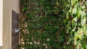 A shower area with a wooden floor, a metal showerhead, and a wooden lattice wall covered in green foliage. - Coastal Dreamy Retreat, Dive in Dimitra's Paradise (Finikounta)