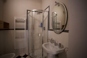 Combined shower/tub, bidet, towels, soap