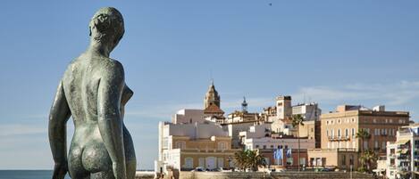 On the beach, sun loungers
