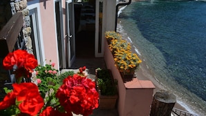 Een balkon met uitzicht op zee, een stenen muur en bloempotten.