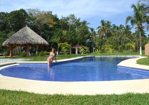 A swimming pool with a thatched-roof structure, surrounded by lush greenery and palm trees. - BEAUTIFUL HOUSE IN PUNTA DIAMOND ACAPULCO (Acapulco)