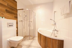 Appartamento Deluxe | Bagno | Set di cortesia gratuito, asciugacapelli, asciugamani, sapone