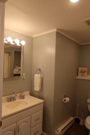 Ein Badezimmer mit Waschbecken, Spiegel, Handtuchhalter, Toilette und einem kleinen Regal mit einem Bild.