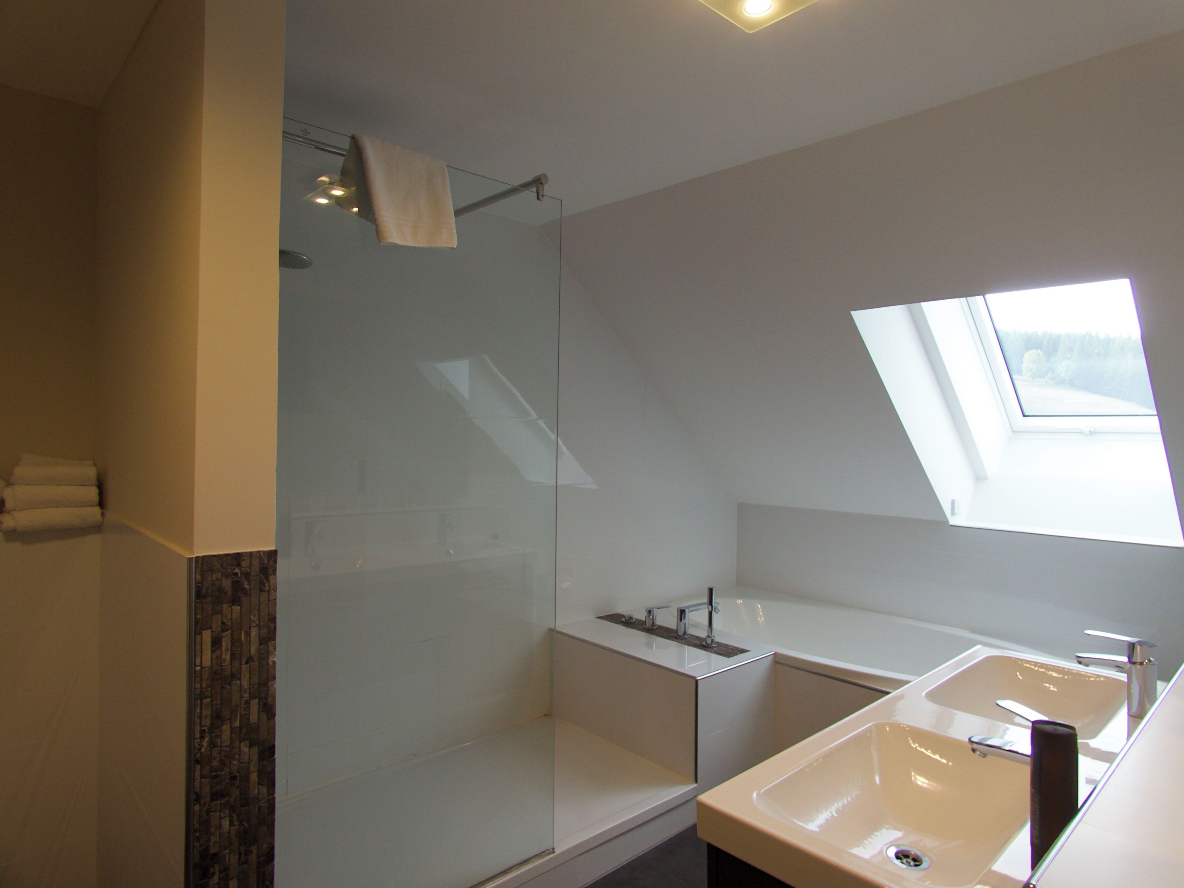 Une salle de bain moderne dotée d’une douche à parois de verre, d’un puits de lumière et d’un meuble-lavabo à deux vasques.