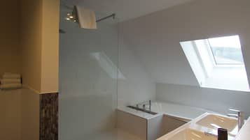 Une salle de bain moderne dotée d’une douche à parois de verre, d’un puits de lumière et d’un meuble-lavabo à deux vasques.