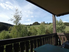 Ein Balkon mit Blick auf eine grüne Landschaft, darunter Bäume und ein Hügel.