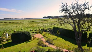 Een aangelegde tuin met een pad, een boom en uitzicht op een meer en gebouwen in de verte.