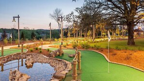 Ein Minigolfplatz mit Teich, grünen Spielbahnen und hölzernen Elementen.