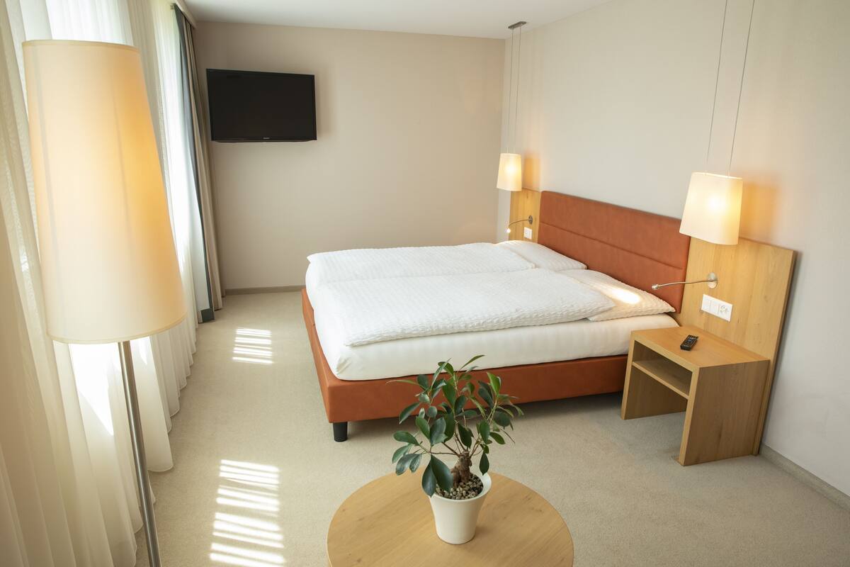A hotel room with a bed, bedside lamps, a TV mounted on the wall, and a potted plant on a small table.