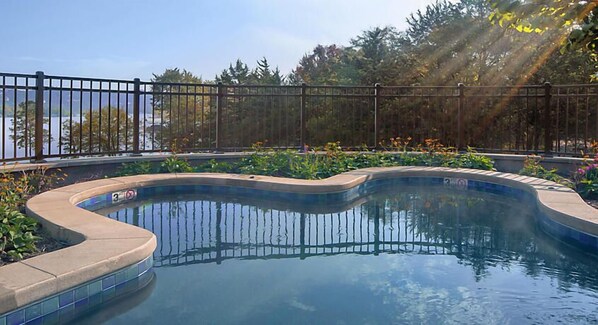 A swimming pool with a curved edge, surrounded by a metal fence, and a view of trees and a body of water in the background.