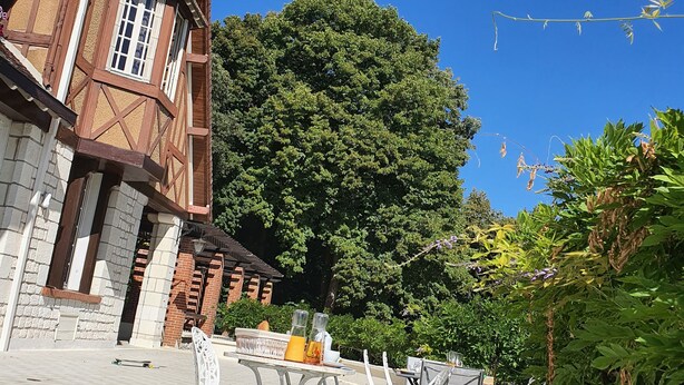 Un patio con mobiliario exterior, un árbol grande y un edificio con vigas de madera a la vista y paredes de piedra.