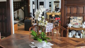 Un comedor con mesa de madera, sillas y una orquídea en maceta. Se observa una araña sobre la mesa y una chimenea al fondo.
