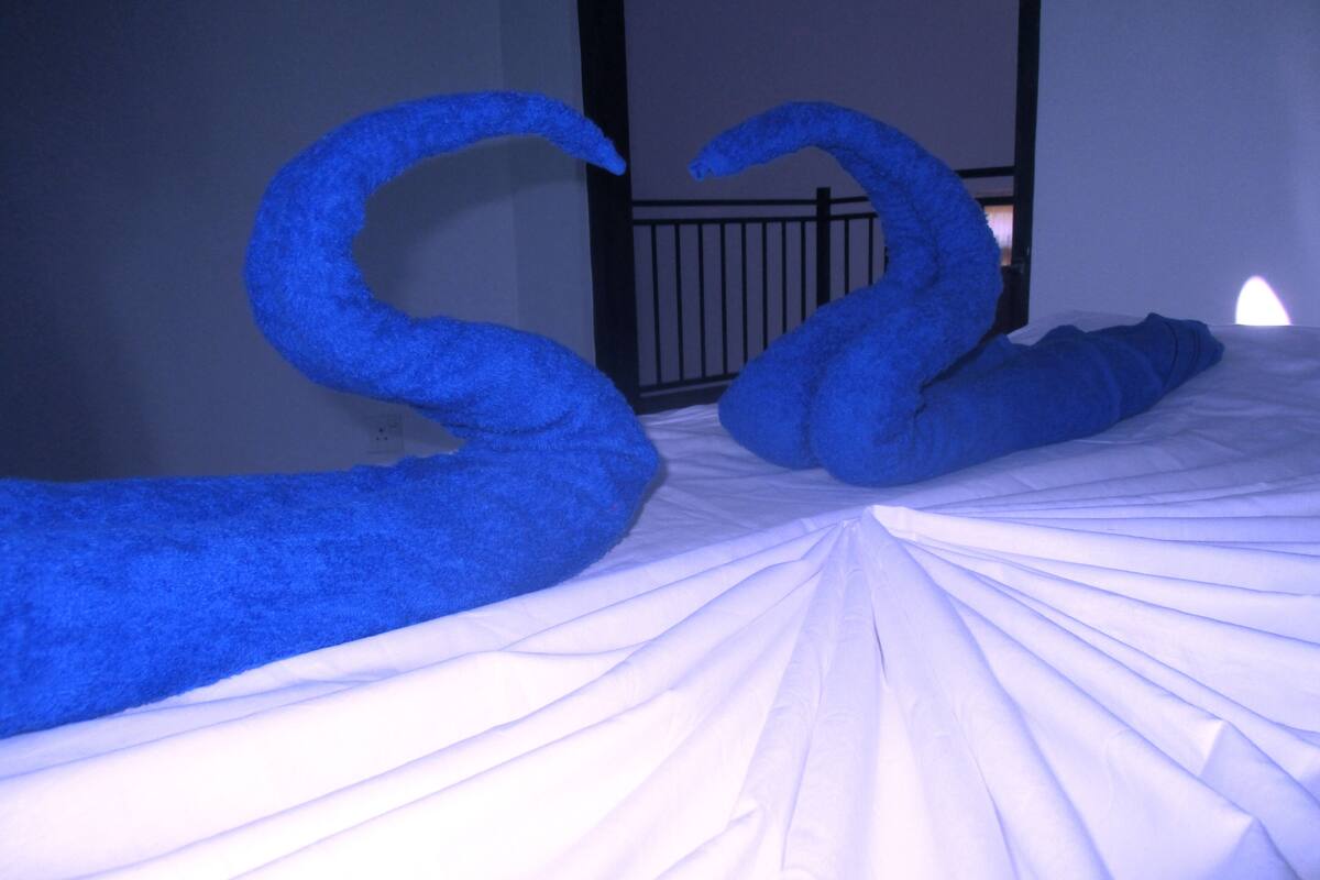 Desk, laptop workspace, free WiFi, bed sheets