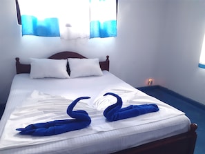 Desk, laptop workspace, free WiFi, bed sheets